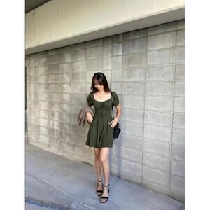 Mel + Rose Olive Green Mini Dress XS Puff Sleeve Empire Waist Cottagecore